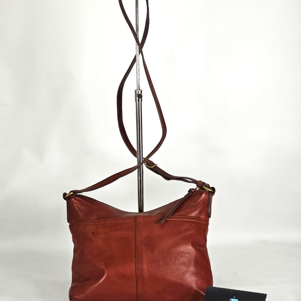 Margot Women's Cognac Leather Mary Scoop Double Zip Crossbody Bag Sz M 253 - Picture 4 of 13
